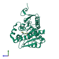 Monomeric assembly 1 of PDB entry 7l4u coloured by chemically distinct molecules, side view.