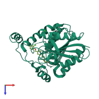 Monomeric assembly 1 of PDB entry 7l4u coloured by chemically distinct molecules, top view.