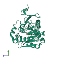 Monomeric assembly 2 of PDB entry 7l4u coloured by chemically distinct molecules, side view.