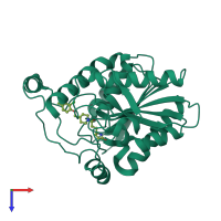 Monomeric assembly 2 of PDB entry 7l4u coloured by chemically distinct molecules, top view.