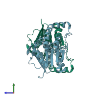 PDB entry 7l9z coloured by chain, side view.