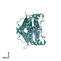 PDB entry 7la0 coloured by chain, side view.