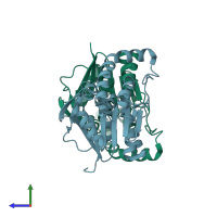 PDB entry 7la3 coloured by chain, side view.