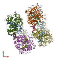 PDB entry 7lag coloured by chain, front view.