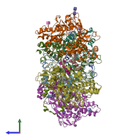 PDB entry 7lag coloured by chain, side view.