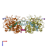 PDB entry 7lal coloured by chain, top view.