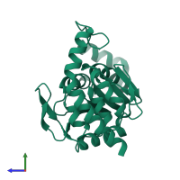PDB entry 7lav coloured by chain, side view.
