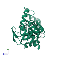 PDB entry 7lax coloured by chain, side view.