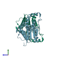PDB entry 7lbh coloured by chain, side view.