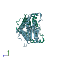 PDB entry 7lbi coloured by chain, side view.