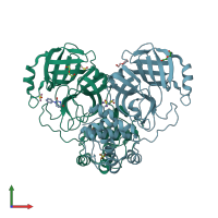 PDB entry 7lfe coloured by chain, front view.