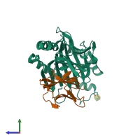 PDB entry 7lfl coloured by chain, side view.