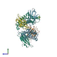 PDB entry 7lfm coloured by chain, side view.