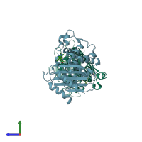 PDB entry 7llb coloured by chain, side view.