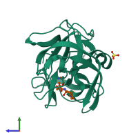 PDB entry 7lpr coloured by chain, side view.