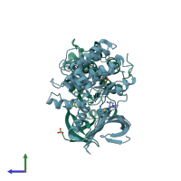 PDB entry 7lvh coloured by chain, side view.