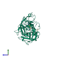 PDB entry 7meq coloured by chain, side view.