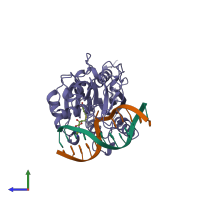 PDB entry 7mht coloured by chain, side view.