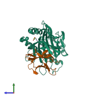 PDB entry 7mja coloured by chain, side view.