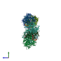 PDB entry 7mp4 coloured by chain, side view.