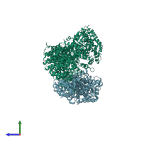 PDB entry 7mp5 coloured by chain, side view.