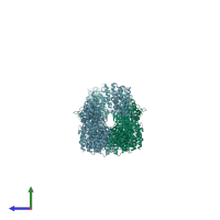 PDB entry 7mp6 coloured by chain, side view.