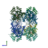 PDB entry 7mpq coloured by chain, side view.