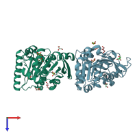 PDB entry 7myg coloured by chain, top view.