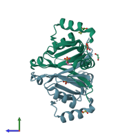PDB entry 7n7g coloured by chain, side view.
