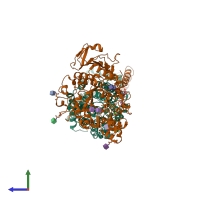 PDB entry 7nf8 coloured by chain, side view.