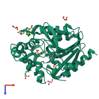 PDB entry 7nfz coloured by chain, top view.