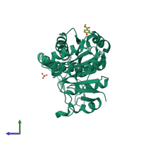 PDB entry 7nls coloured by chain, side view.