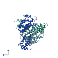 PDB entry 7no2 coloured by chain, side view.