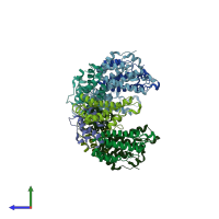 PDB entry 7no6 coloured by chain, side view.