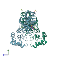 PDB entry 7nt1 coloured by chain, side view.