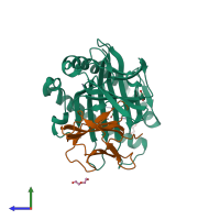 PDB entry 7nui coloured by chain, side view.
