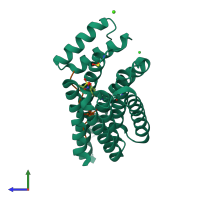 PDB entry 7o6o coloured by chain, side view.
