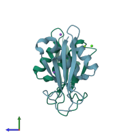PDB entry 7o86 coloured by chain, side view.