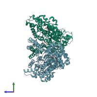 PDB entry 7ocu coloured by chain, side view.