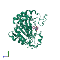 PDB entry 7olr coloured by chain, side view.