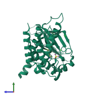 PDB entry 7olv coloured by chain, side view.