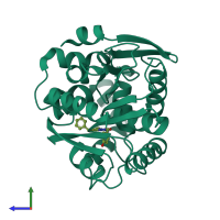 PDB entry 7ome coloured by chain, side view.