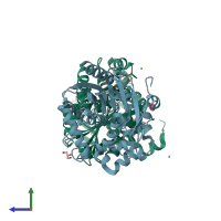 PDB entry 7omo coloured by chain, side view.