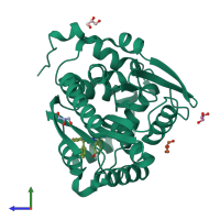 PDB entry 7omr coloured by chain, side view.