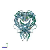 PDB 7ou9 coloured by chain and viewed from the side.