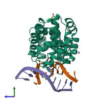 PDB entry 7p0w coloured by chain, side view.