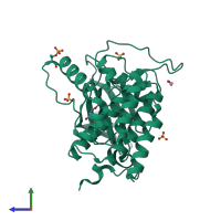 Monomeric assembly 1 of PDB entry 7p7f coloured by chemically distinct molecules, side view.