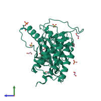 Monomeric assembly 2 of PDB entry 7p7f coloured by chemically distinct molecules, side view.