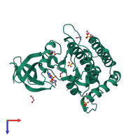 Monomeric assembly 2 of PDB entry 7p7f coloured by chemically distinct molecules, top view.