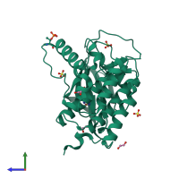 Monomeric assembly 3 of PDB entry 7p7f coloured by chemically distinct molecules, side view.